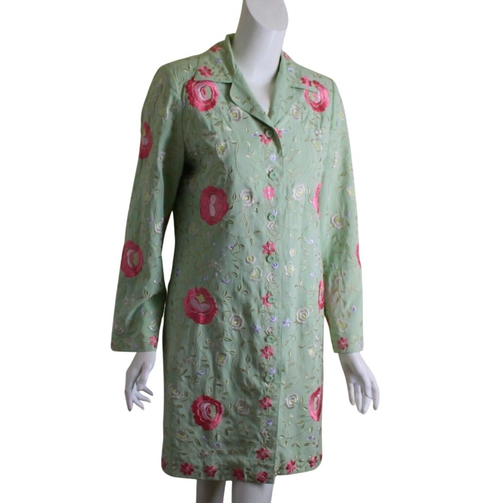 Vintage Sophie Chang Studio Embroidered Floral Duster Coat Sage Pink Size 6